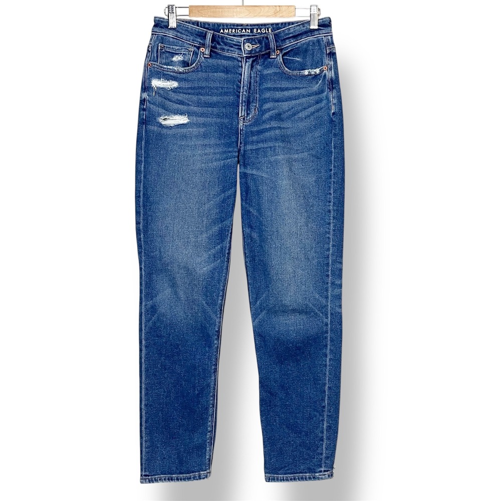 American Eagle Mom Jeans 8 Regular Distressed High Rise Medium‎ Wash Stretch